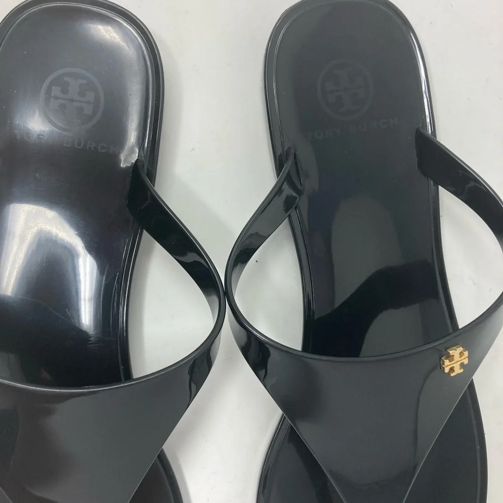 Tory Burch Black Jelly Thong Sandals with Gold Logo - Picture 2 of 7